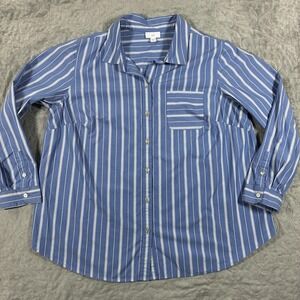 J Jill Button Up Shirt Womens XL Blue Striped Cotton Tunic Long Sleeve Office